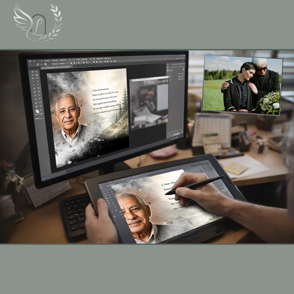 Création artistique plaque funéraire Montagne sur tablette graphique en studio