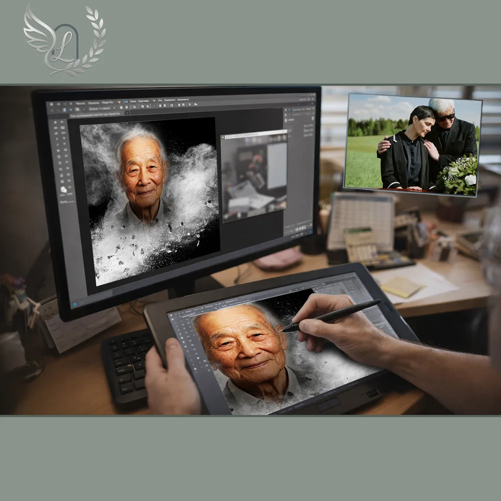 Création artistique plaque funéraire Montagne sur tablette graphique en studio