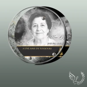 Plaque funéraire médaillon rond montagne collée sur pierre tombale, double-face professionnel inclus, 1er sous-décor du thème