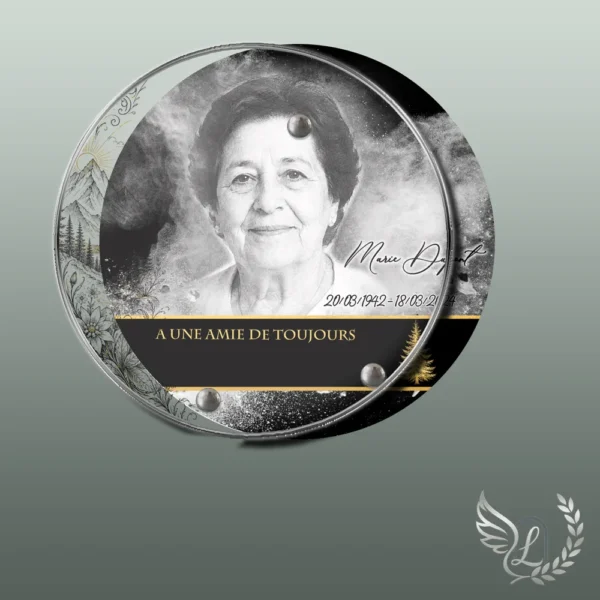 Plaque funéraire médaillon rond montagne collée sur pierre tombale, double-face professionnel inclus, 1er sous-décor du thème
