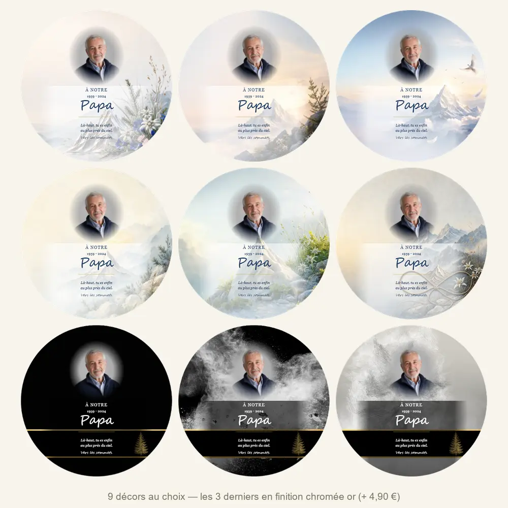 Plaque funéraire circulaire Montagne — neuf décors de fond au choix