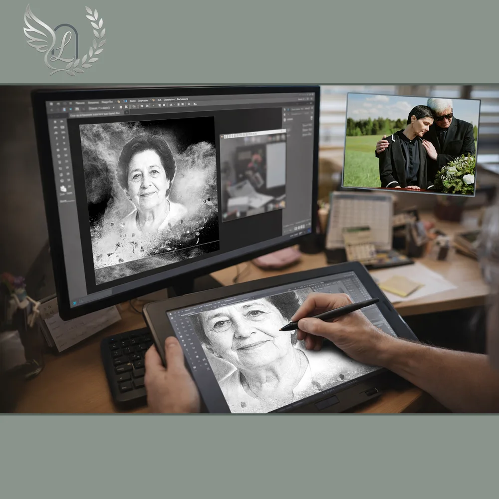 Création artistique plaque funéraire Montagne sur tablette graphique en studio