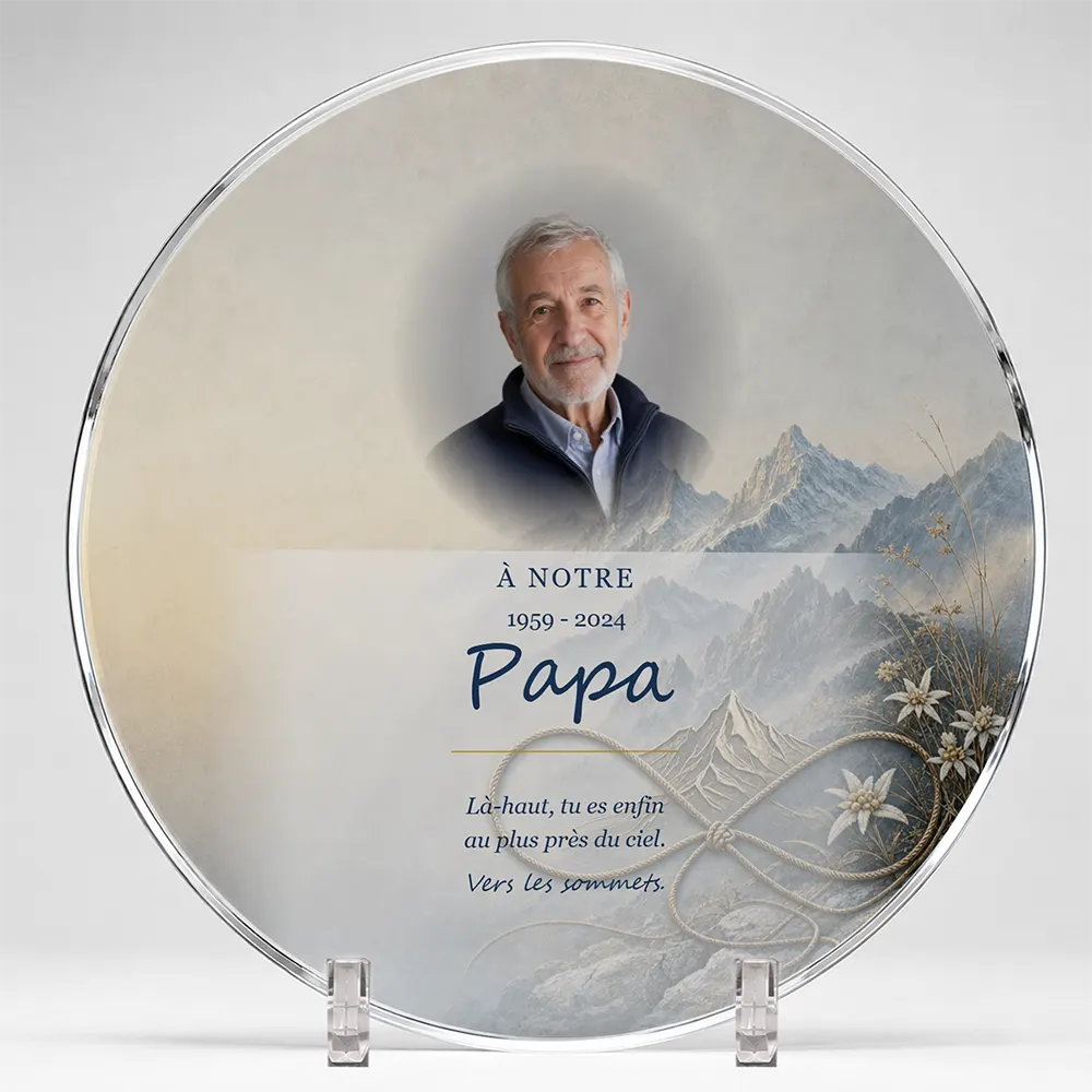 Plaque funéraire circulaire Montagne personnalisée — portrait, texte libre et fond au choix, présentée sur pied plexi