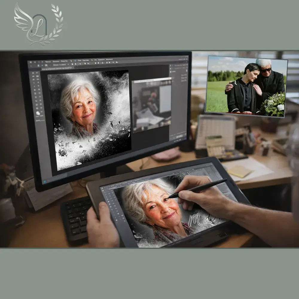 Création artistique plaque funéraire Mer sur tablette graphique en studio