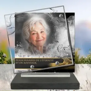 Plaque funéraire carré mer posée sur socle ardoise du Brésil, fixation inox, 1er sous-décor