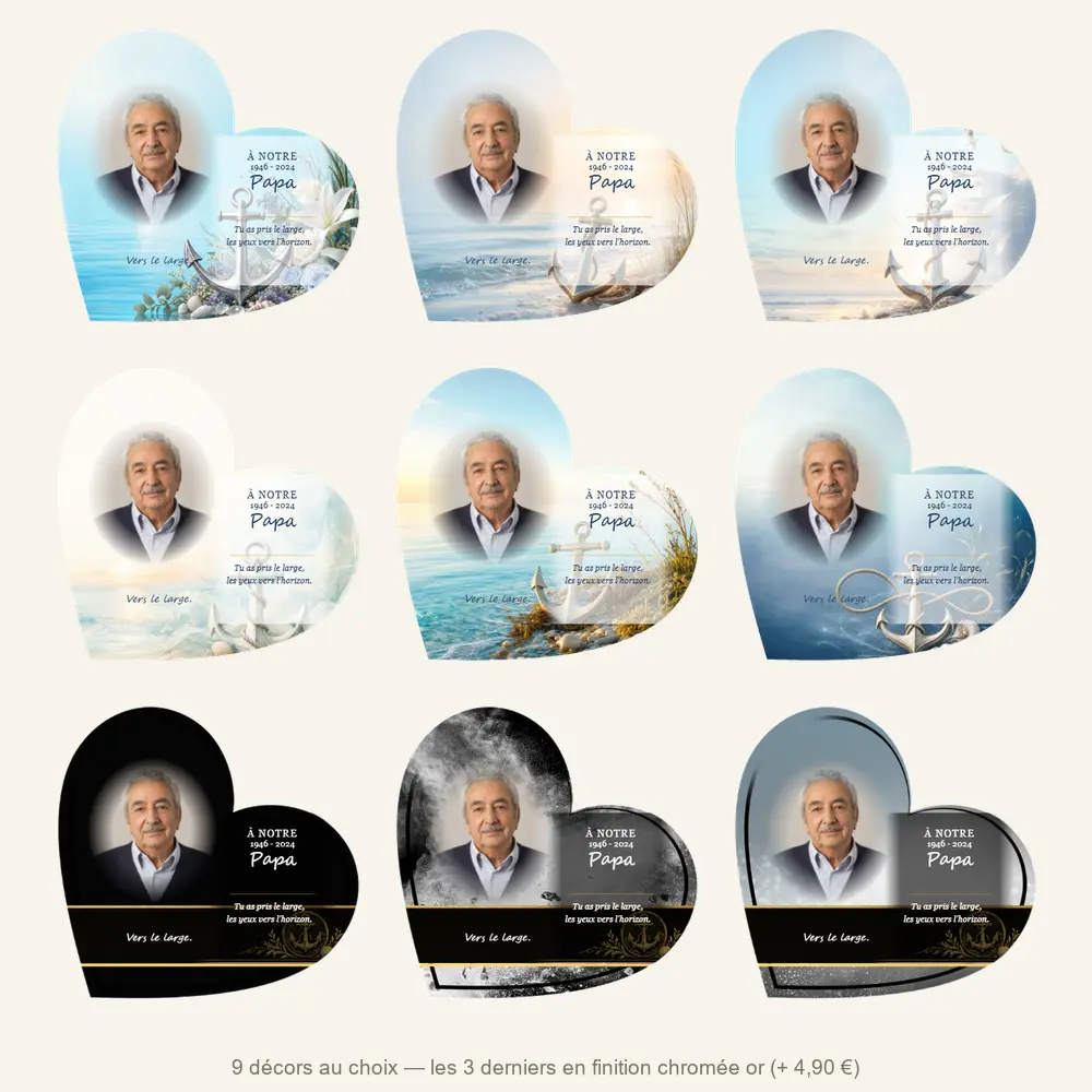 Plaque funéraire cœur Mer — neuf décors de fond au choix