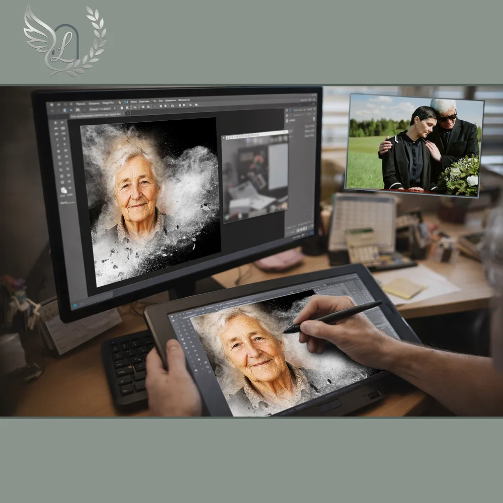 Création artistique plaque funéraire Mer sur tablette graphique en studio