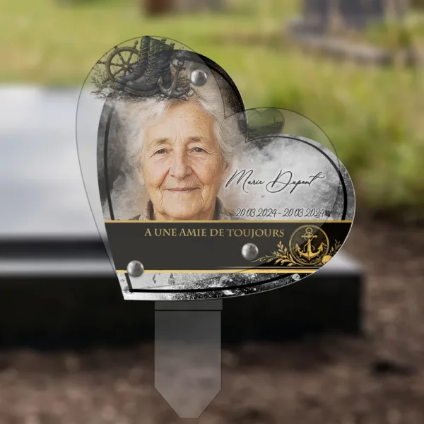 Plaque funéraire cœur mer plantée par appendice plexiglas, sol meuble ou pot, 1er sous-décor