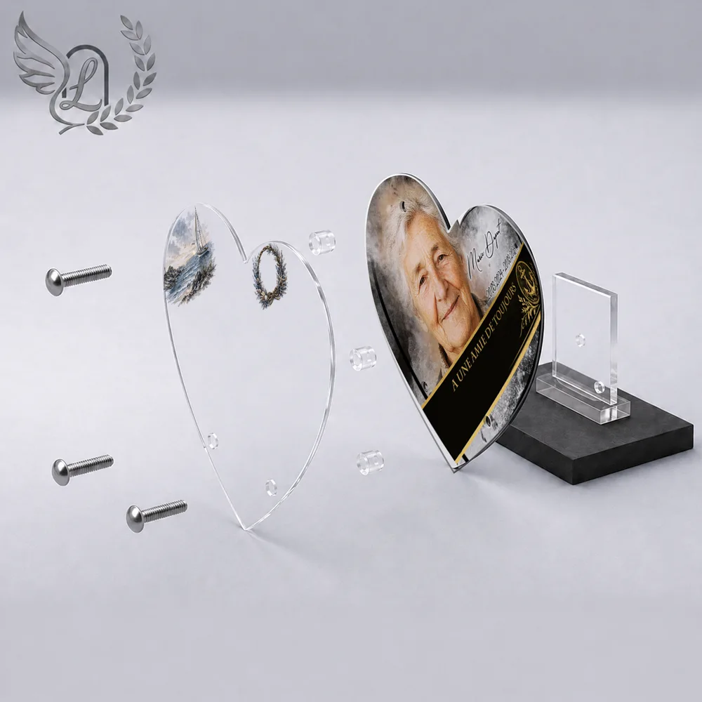 Vue éclatée plaque funéraire Cœur Mer : construction sandwich plexi imprimé miroir, 3 entretoises, dibond et bloc ardoise