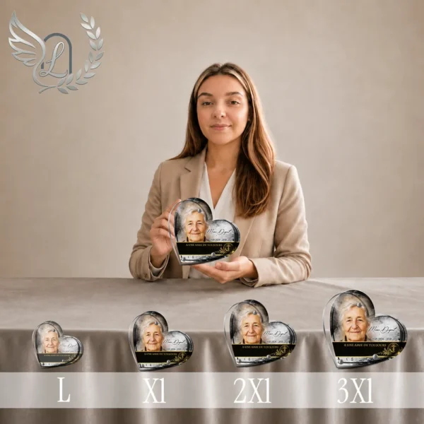 Gamme complète de plaques mémoriales cœur avec portrait et finition chromée or, du format L au 3XL, présentées côte à côte pour comparaison des dimensions