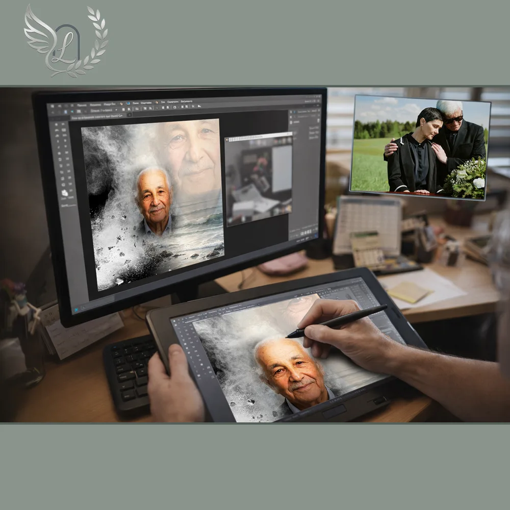 Création artistique plaque funéraire Mer sur tablette graphique en studio