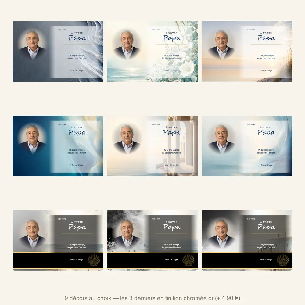 Plaque funéraire panoramique Mer — neuf décors de fond au choix
