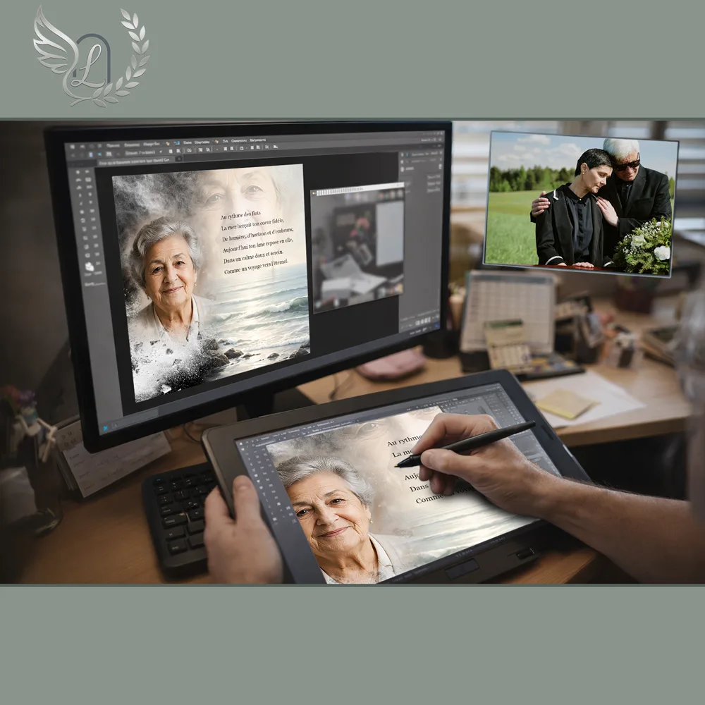 Création artistique plaque funéraire Mer sur tablette graphique en studio