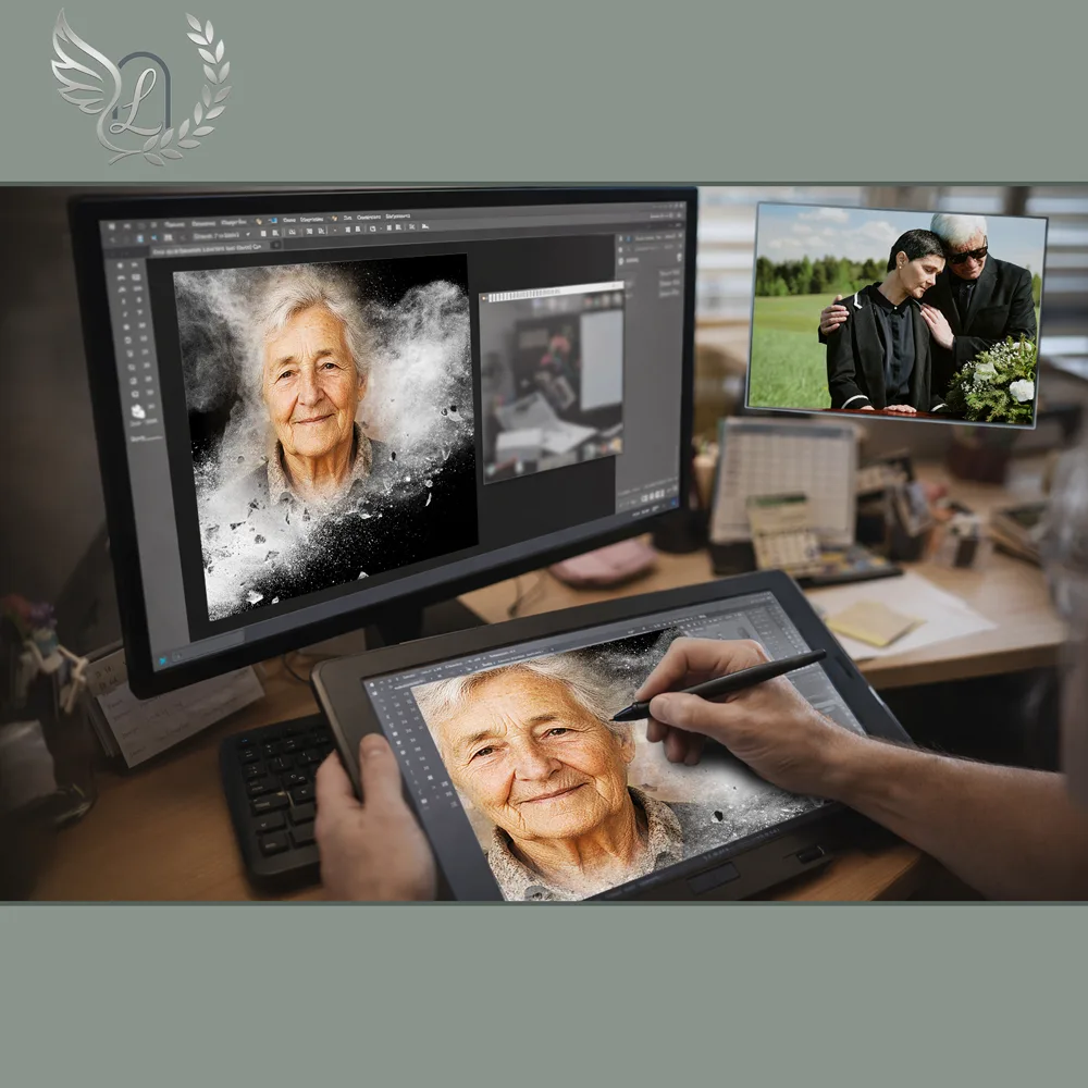Création artistique plaque funéraire Mer sur tablette graphique en studio