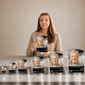 Gamme complète de plaques funéraires rectangles avec portrait de femme âgée, thème mer, finition argent, du format M au 4XL alignées côte à côte