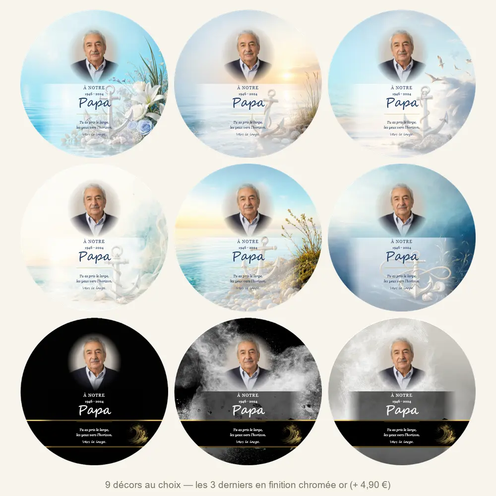 Plaque funéraire circulaire Mer — neuf décors de fond au choix