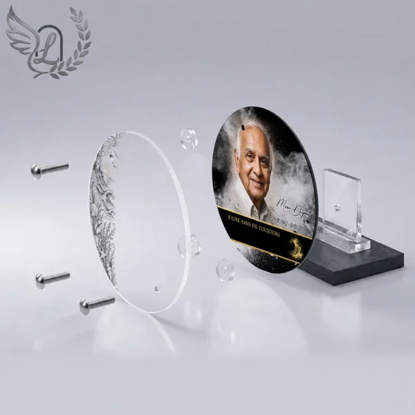 Plaque funéraire médaillon rond mer en vue éclatée : assemblage 5 couches plexiglas, entretoises chromées, dibond aluminium, vis inox 316
