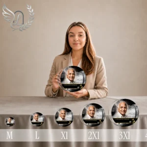 Gamme de plaques funéraires circulaires finition or, du format mini au très grand, présentant un portrait masculin et motif marin, alignées progressivement par taille croissante