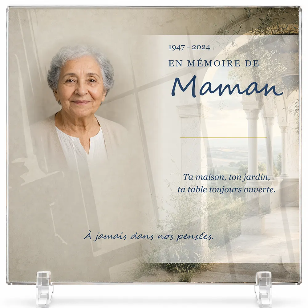 Plaque funéraire carré Campagne personnalisée — portrait, texte libre et fond au choix, présentée sur pied plexi