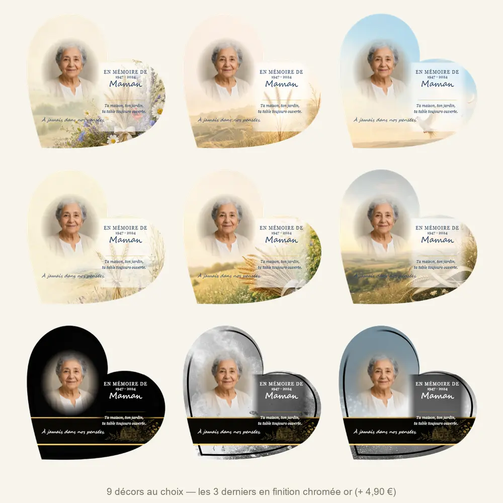Plaque funéraire cœur Campagne — neuf décors de fond au choix