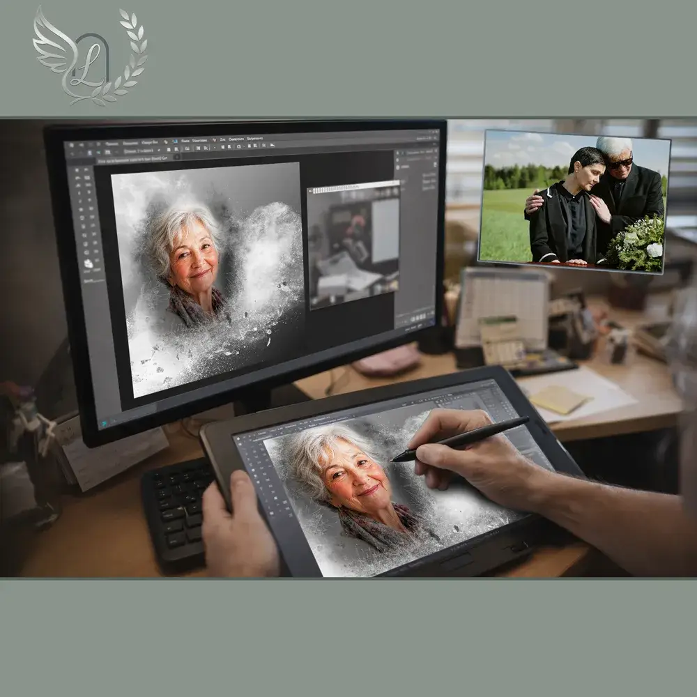Création artistique plaque funéraire Campagne sur tablette graphique en studio
