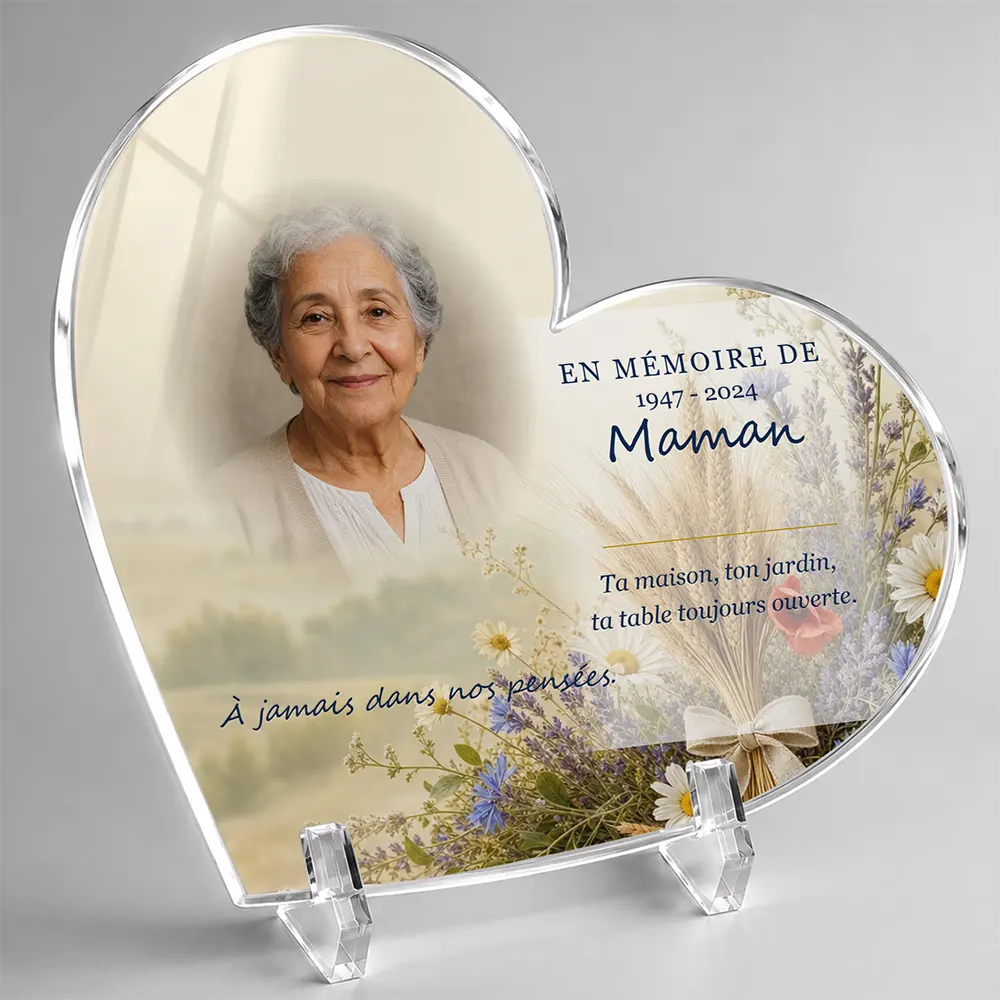 Plaque funéraire cœur Campagne personnalisée — portrait, texte libre et fond au choix, présentée sur pied plexi