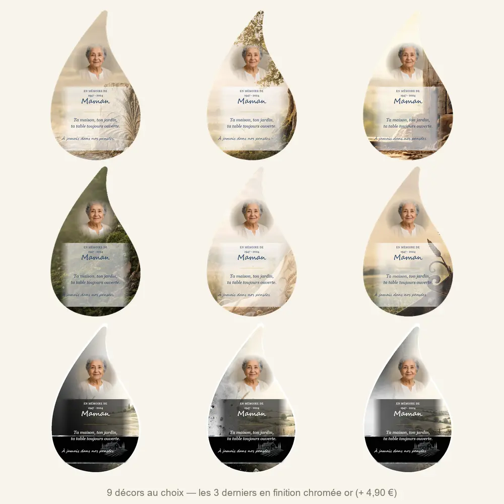 Plaque funéraire flamme Campagne — neuf décors de fond au choix