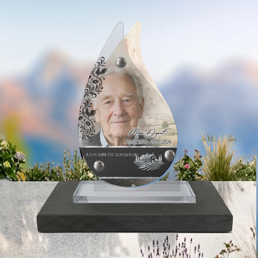 Plaque Flamme Campagne à poser sur socle ardoise du Brésil