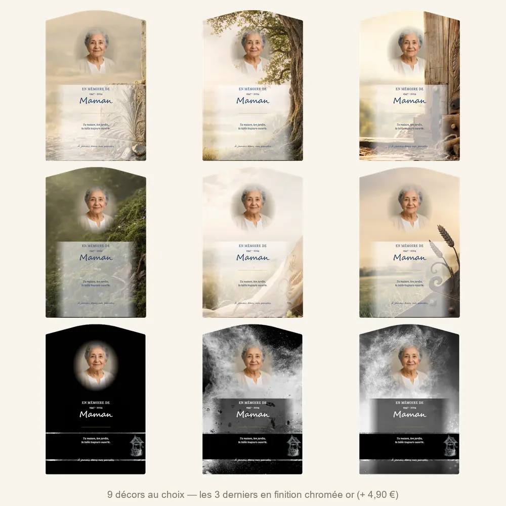 Plaque funéraire stèle Campagne — neuf décors de fond au choix