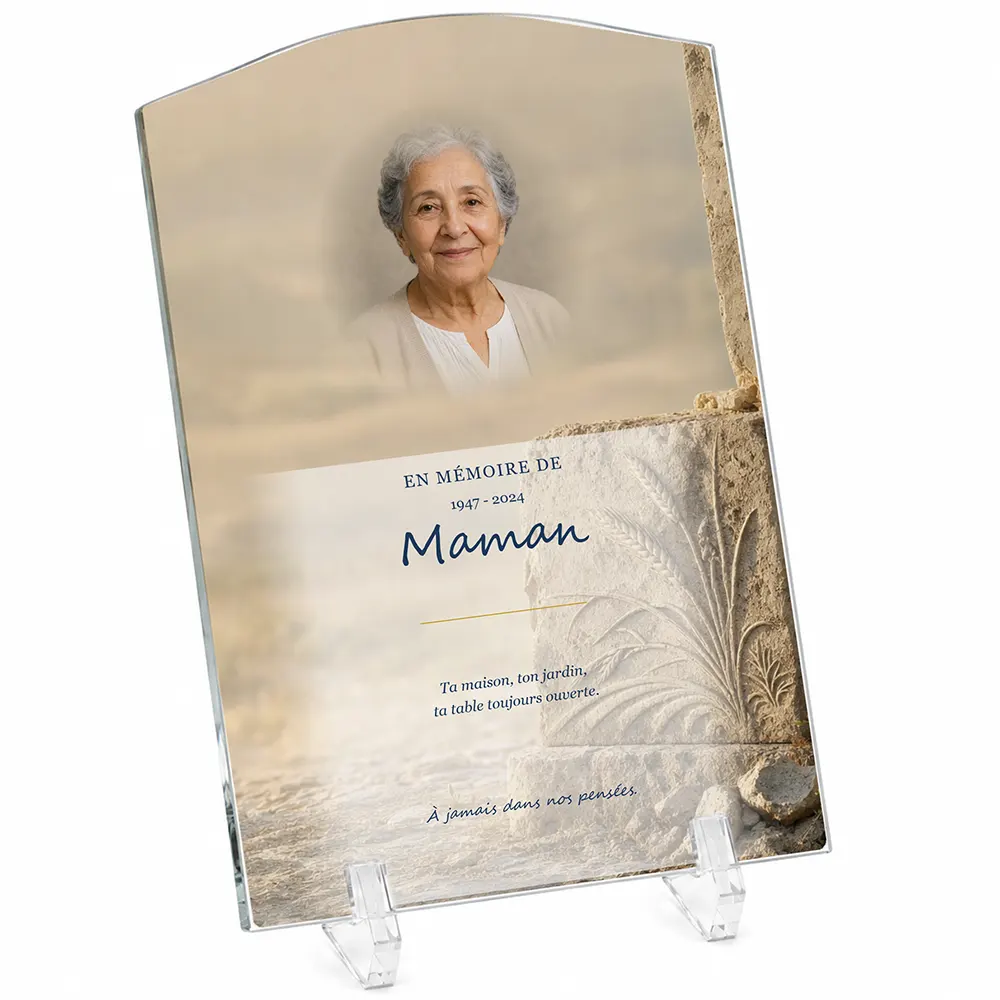 Plaque funéraire stèle Campagne personnalisée — portrait, texte libre et fond au choix, présentée sur pied plexi