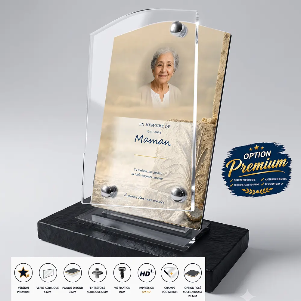Plaque funéraire stèle Campagne finition premium présentée sur socle en ardoise