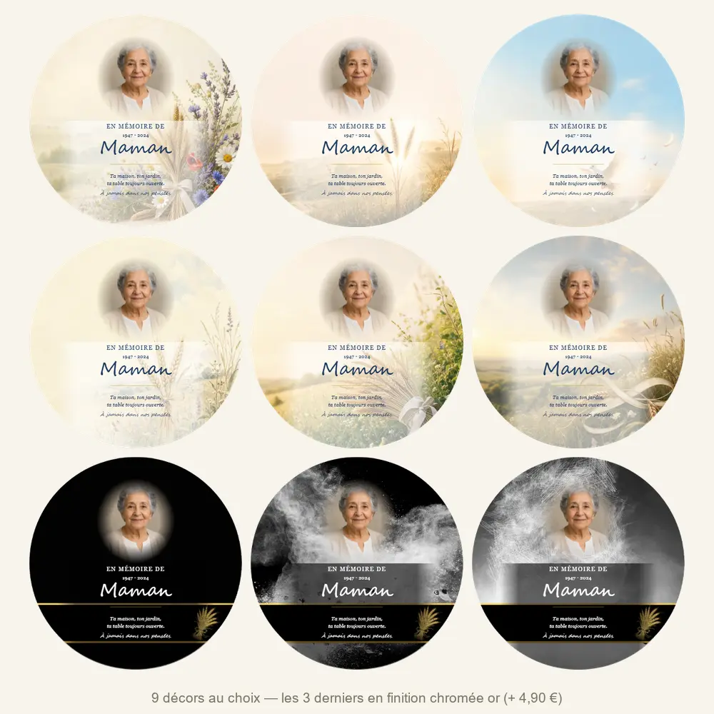 Plaque funéraire circulaire Campagne — neuf décors de fond au choix