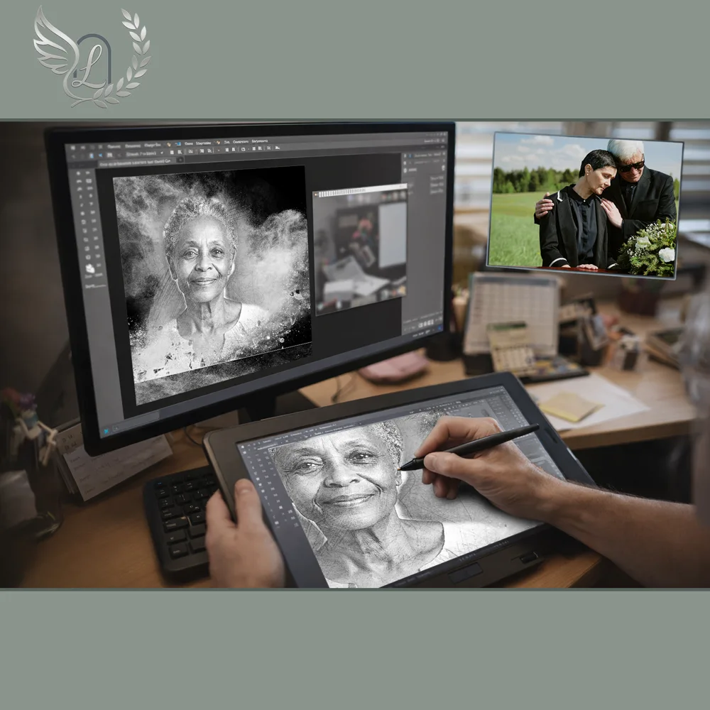 Création artistique plaque funéraire Campagne sur tablette graphique en studio