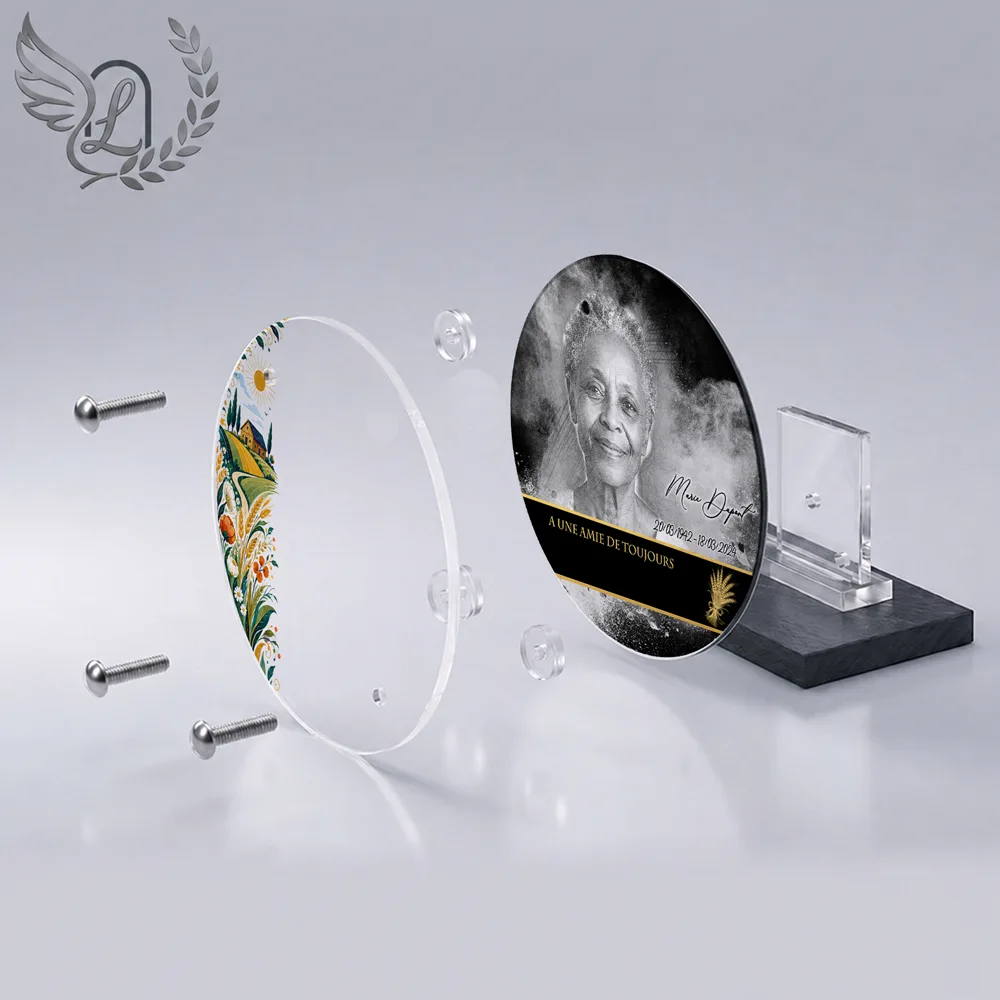 Vue éclatée plaque funéraire Circulaire Campagne : construction sandwich plexi imprimé miroir, 3 entretoises, dibond et bloc ardoise