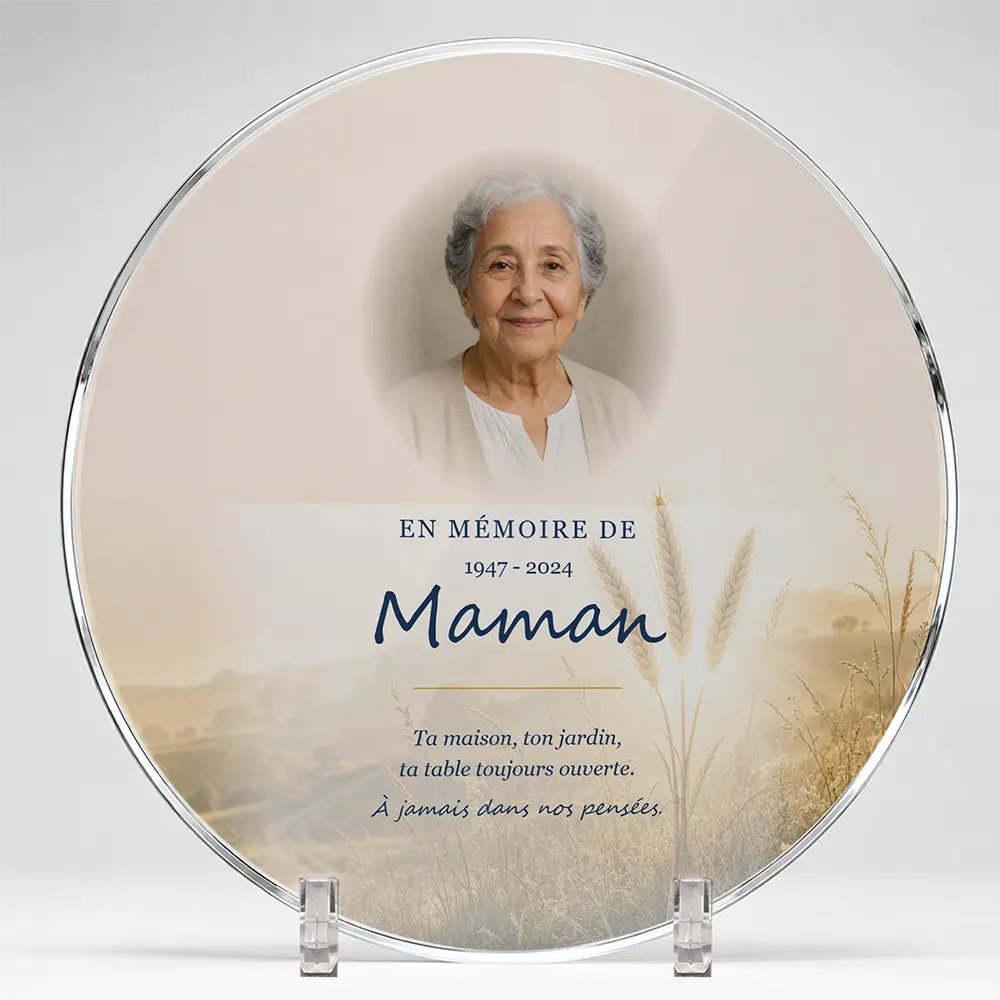Plaque funéraire circulaire Campagne personnalisée — portrait, texte libre et fond au choix, présentée sur pied plexi