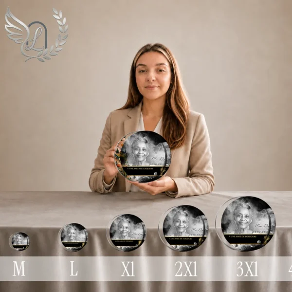 Présentation comparative des 5 tailles de plaques funéraires circulaires en plexiglas finition or, du format M au 3XL, avec portrait sépia et lettrage doré sur fond nature apaisante