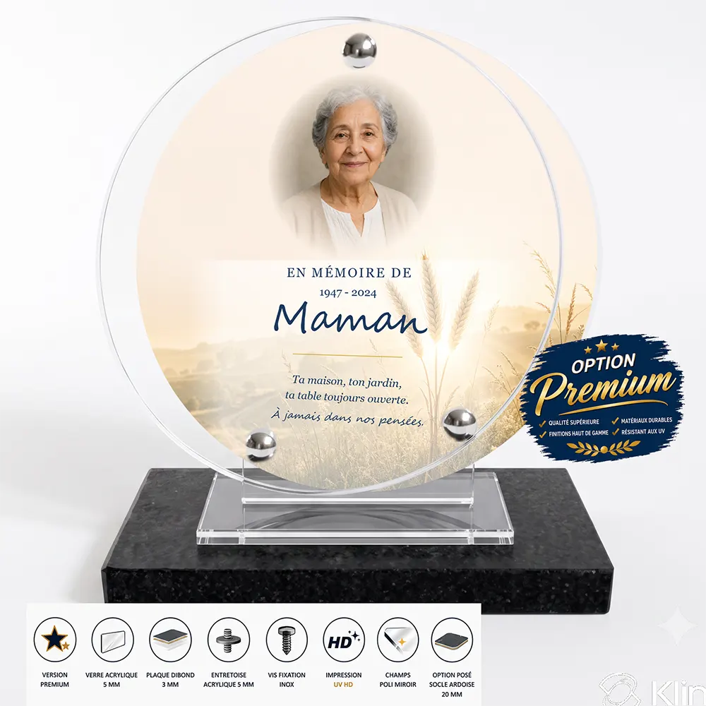 Plaque funéraire circulaire Campagne finition premium présentée sur socle en ardoise