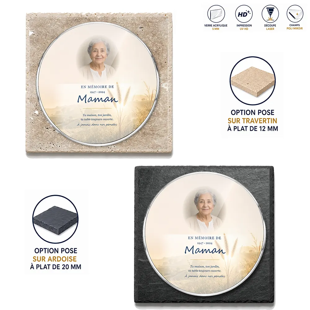 Plaque funéraire circulaire Campagne — supports au choix, socle ardoise ou travertin