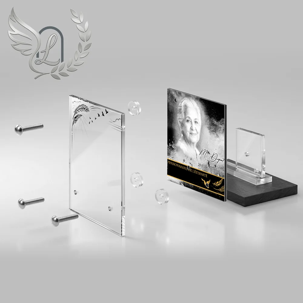 Vue éclatée plaque funéraire Carré Oiseaux : construction sandwich plexi imprimé miroir, 3 entretoises, dibond et bloc ardoise