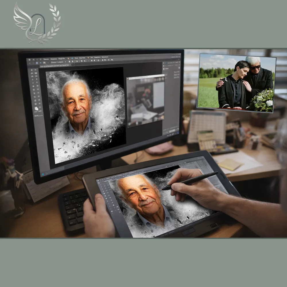 Création artistique plaque funéraire Oiseaux sur tablette graphique en studio