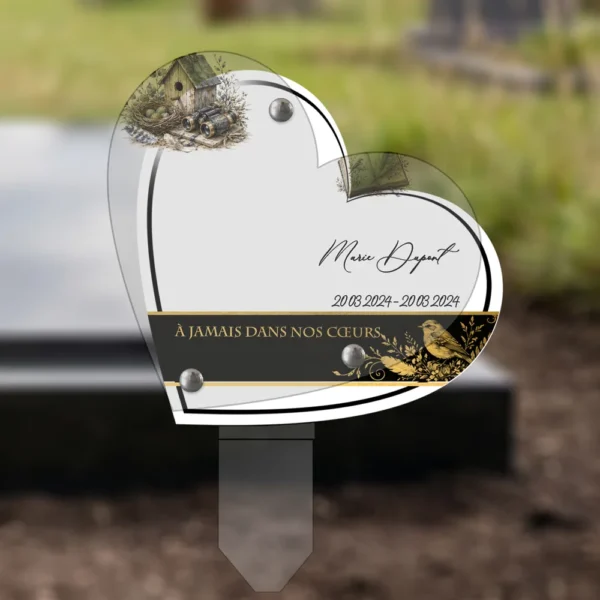 Plaque funéraire cœur oiseaux plantée par appendice plexiglas, sol meuble ou pot, 1er sous-décor