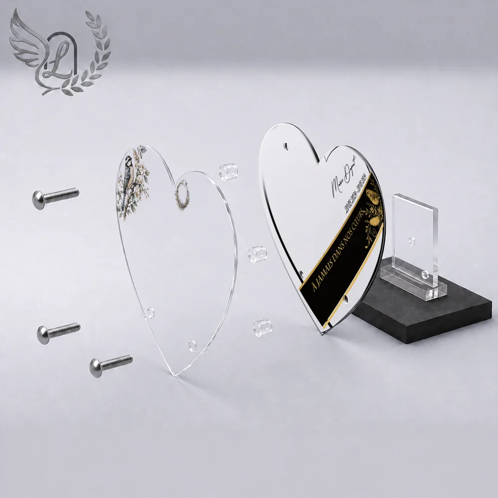 Vue éclatée plaque funéraire Cœur Oiseaux : construction sandwich plexi imprimé miroir, 3 entretoises, dibond et bloc ardoise