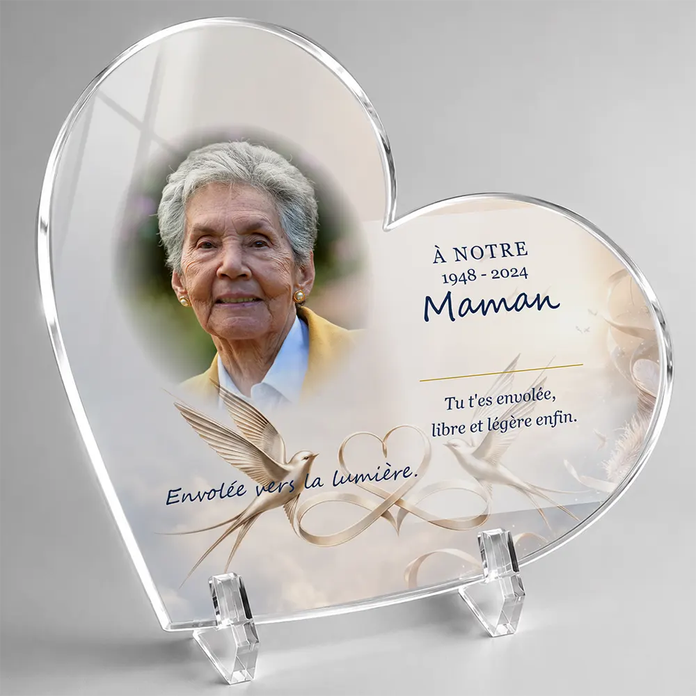 Plaque funéraire cœur Oiseaux personnalisée — portrait, texte libre et fond au choix, présentée sur pied plexi