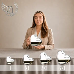 Gamme de plaques funéraires en forme de cœur avec motif oiseaux et finition or, présentée en 4 tailles progressives, ambiance sobre et épurée