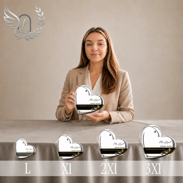 Gamme de plaques funéraires en forme de cœur avec motif oiseaux et finition or, présentée en 4 tailles progressives, ambiance sobre et épurée