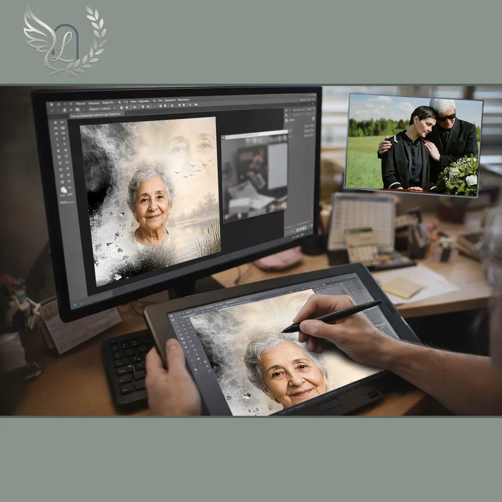 Création artistique plaque funéraire Oiseaux sur tablette graphique en studio
