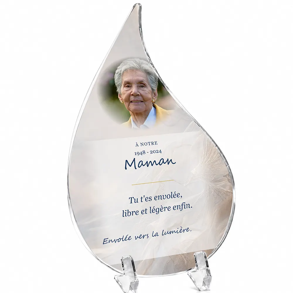 Plaque funéraire flamme Oiseaux personnalisée — portrait, texte libre et fond au choix, présentée sur pied plexi