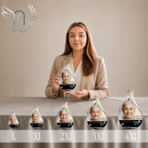 Gamme de plaques funéraires en forme de flamme avec portrait et finition argent, présentées du format L au 4XL côte à côte, thème oiseaux et nature