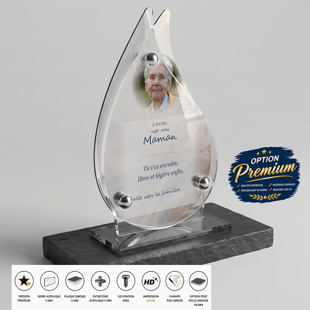 Plaque funéraire flamme Oiseaux finition premium présentée sur socle en ardoise