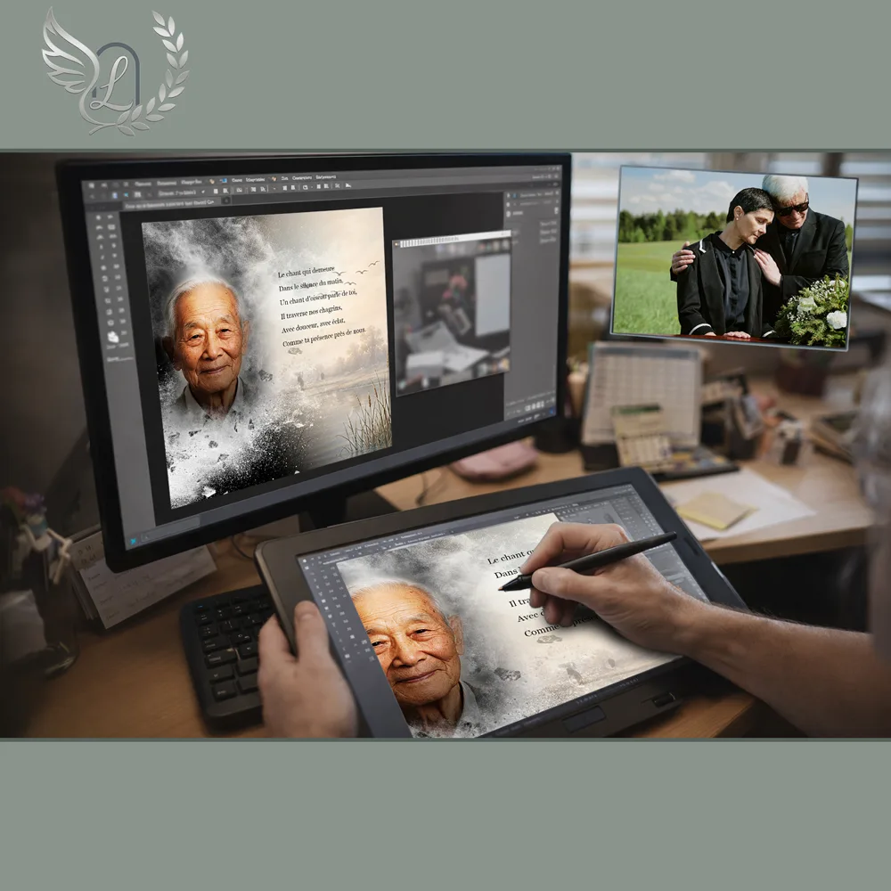 Création artistique plaque funéraire Oiseaux sur tablette graphique en studio